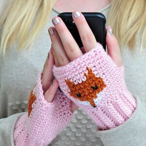 Handmade Pink Fox Fingerless Gloves, Wrist Warmers Made in Canada